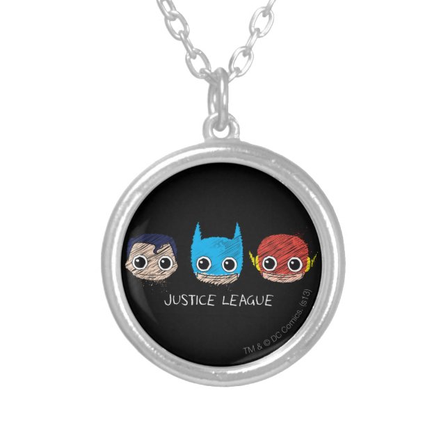 Mini Justice League Heads Sketch Silver Plated Necklace (Front)