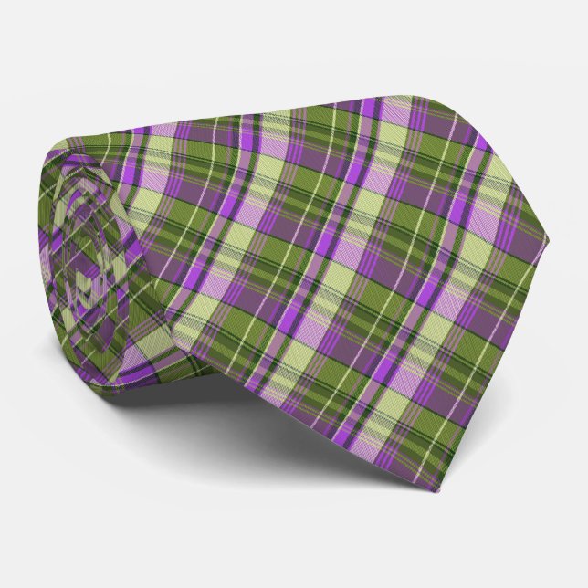 Mini Madras Plaid Olive and Purple Two-Sided Neck Tie (Rolled)