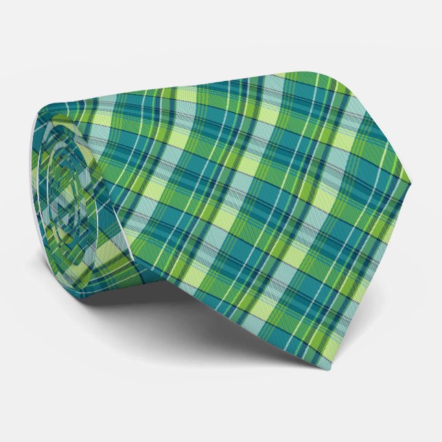 Mini Madras Plaid Teal Single-Sided Neck Tie (Rolled)