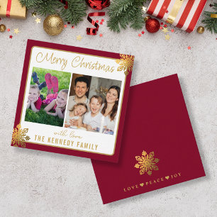Mini Maroon Border Gold Snowflake Christmas Photo Note Card