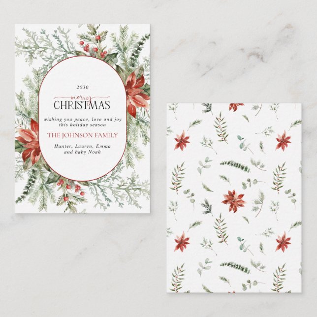 Mini Modern Arch Poinsettia Merry Christmas Script Note Card (Front/Back)