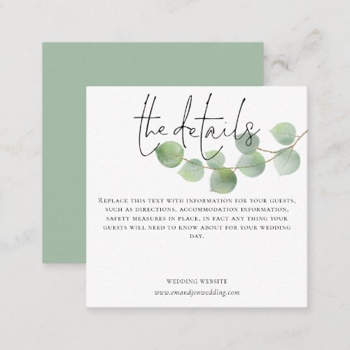 MINI Modern Eucalyptus Wedding Details Script Enclosure Card