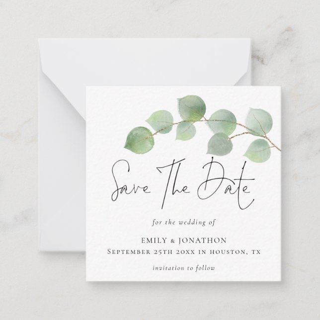 MINI | Modern Eucalyptus Wedding Save The Date Note Card (Front)