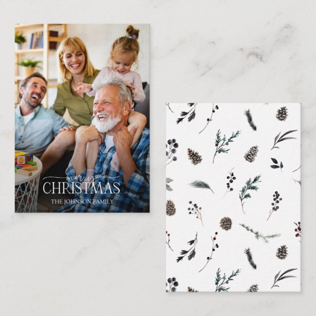 Mini Modern White Winter Merry Christmas Photo Note Card (Front/Back)