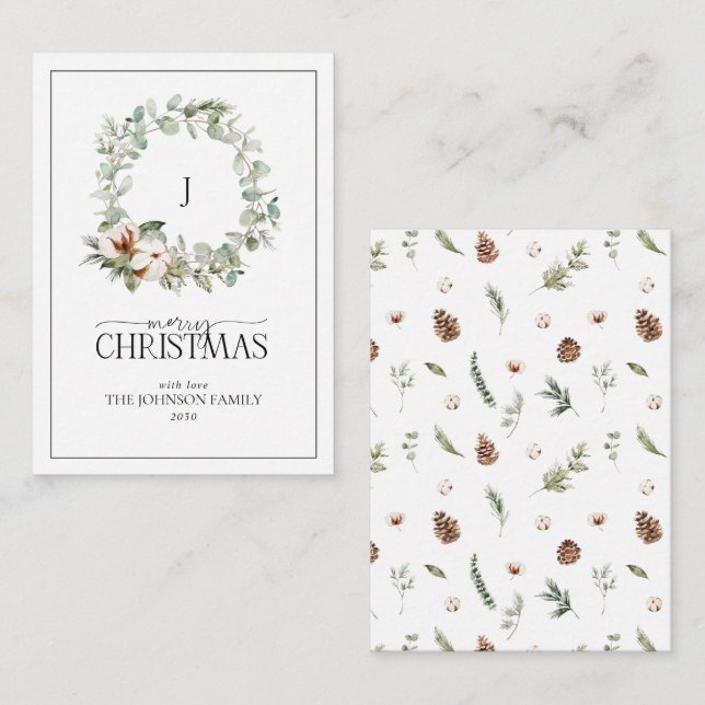 Mini Monogram Cotton Floral Wreath Merry Christmas Note Card (Front/Back)