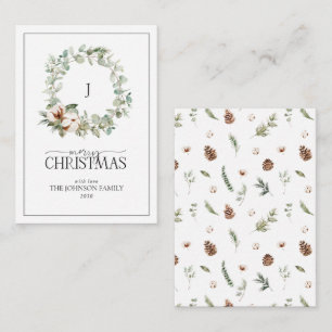 Mini Monogram Cotton Floral Wreath Merry Christmas Note Card