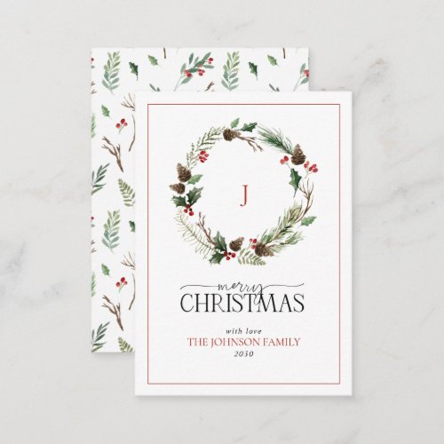 Mini Monogram Rustic Pine Wreath Merry Christmas Note Card