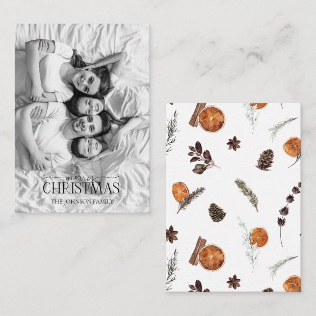 Mini Orange Merry Christmas Black & White Photo Note Card (Front/Back)