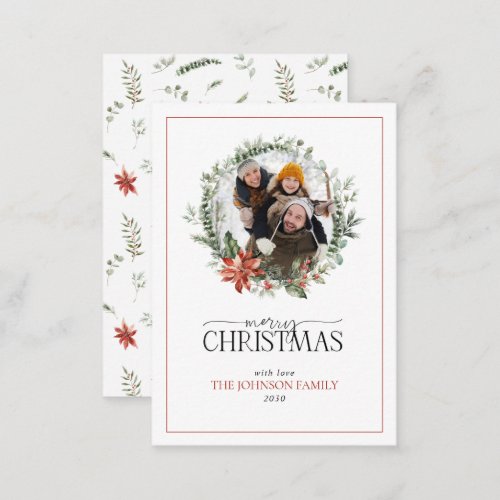 Mini Poinsettia Berry Photo Wreath Merry Christmas Note Card