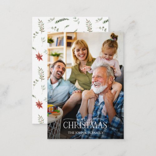 Mini Poinsettia Greenery Merry Christmas Photo Note Card