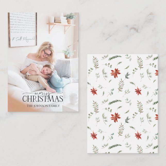 Mini Poinsettia Greenery Photo Merry Christmas Note Card (Front/Back)