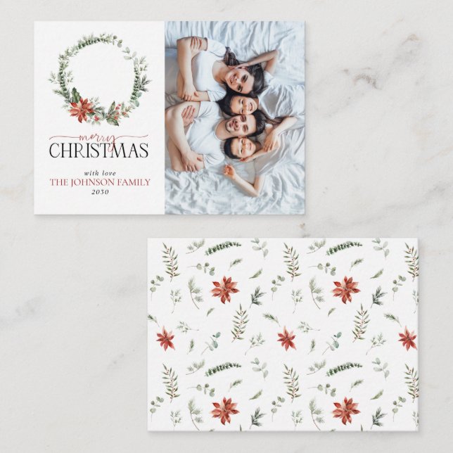 Mini Poinsettia Wreath Photo Merry Christmas Note Card (Front/Back)