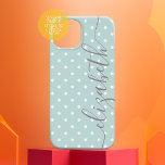 Mini Polka Dots with script gray name pastel teal Case-Mate iPhone 14 Case<br><div class="desc">A feminine and girly polkadot design with a name in a handwritten, calligraphy font. The name is a big signature up the side of the cover with a soft, tiny polka dot pattern in the background. You can change the color by clicking on the customize area and choosing a different...</div>