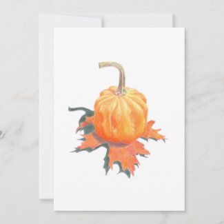 Autumn themed invitation printed with illustration of mini pumpkin resting on an fallen oak leaf