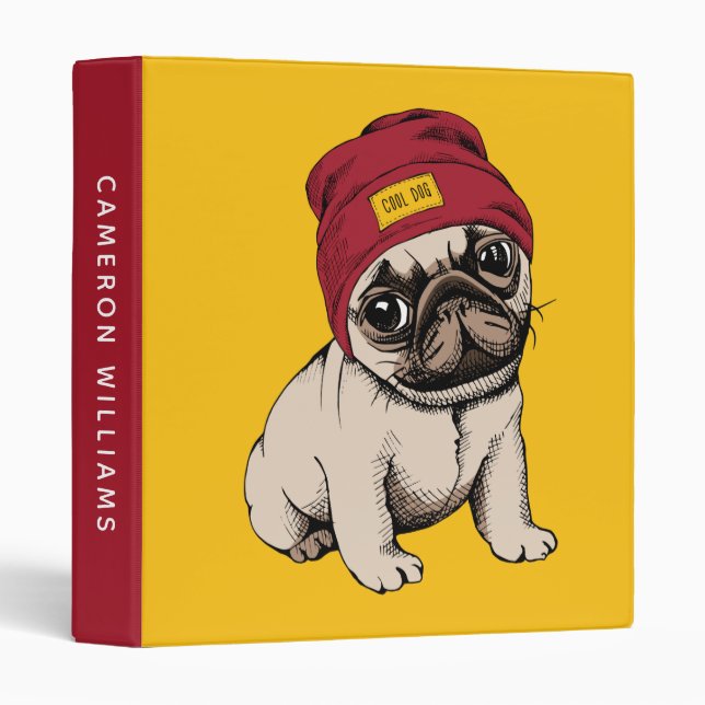 Mini Puppy Hipster Pug | Add Your Name 3 Ring Binder (Front/Spine)