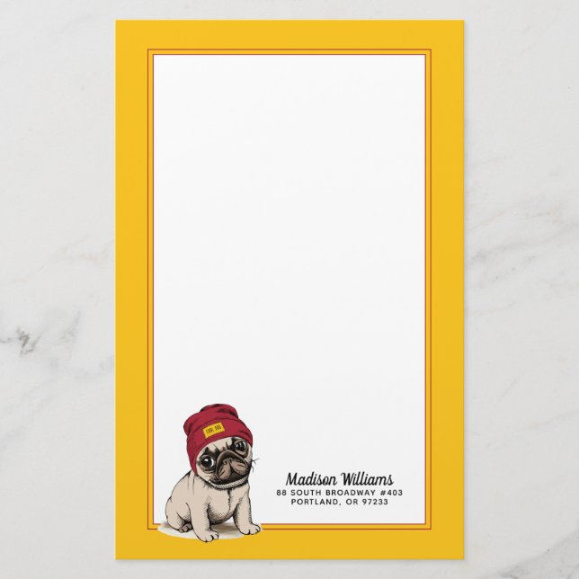 Mini Puppy Hipster Pug | Add Your Name Stationery (Front)