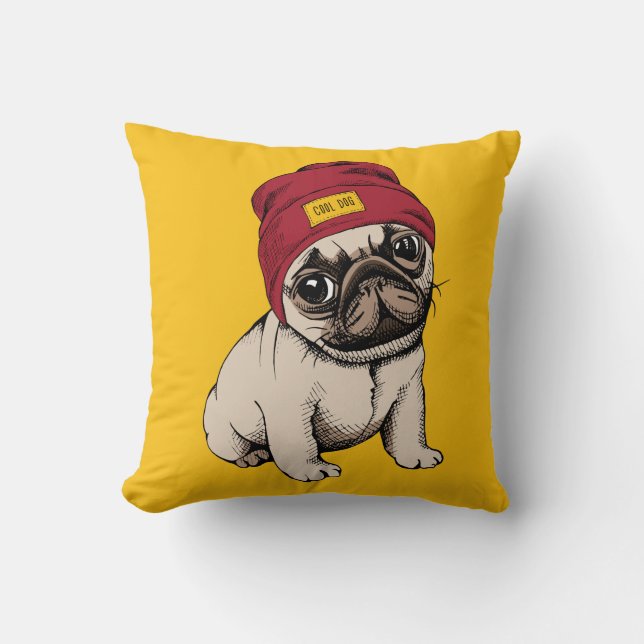Mini Puppy Hipster Pug Throw Pillow (Front)