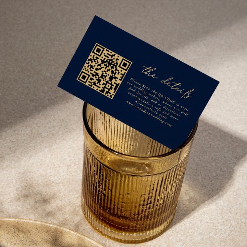 Mini QR Code Gold Script Navy Blue Wedding Details Enclosure Card