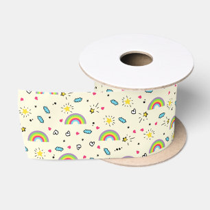 Mini Rainbow Toss on Yellow Cute Retro Pattern Satin Ribbon
