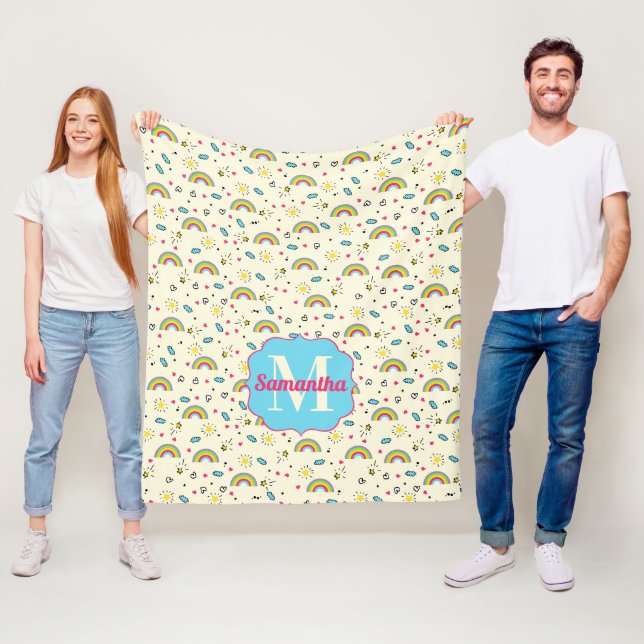 Mini Rainbow Toss on Yellow Retro Pattern Monogram Fleece Blanket (In Situ)