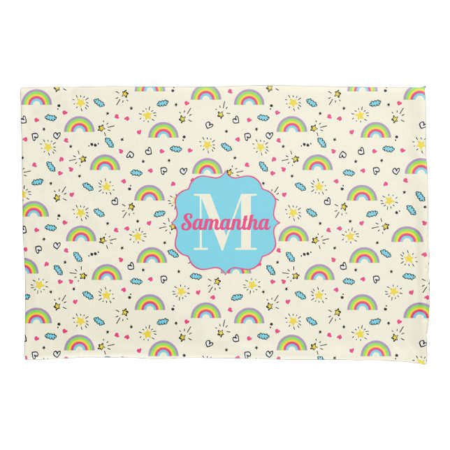Mini Rainbow Toss on Yellow Retro Pattern Monogram Pillow Case (Front)