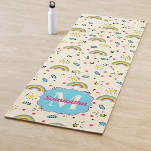 Mini Rainbow Toss on Yellow Retro Pattern Monogram Yoga Mat