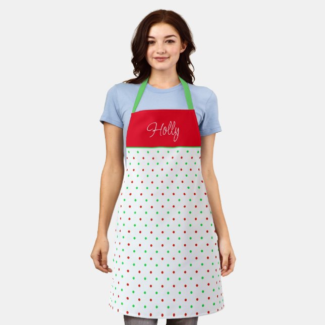 Mini Red and Green Watercolor Polka Dots Apron (Worn)