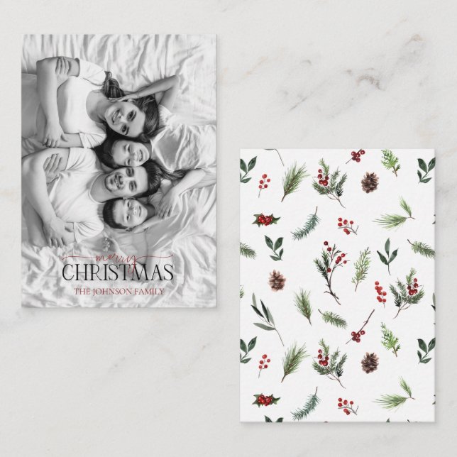 Mini Red Berry Black & White Photo Merry Christmas Note Card (Front/Back)