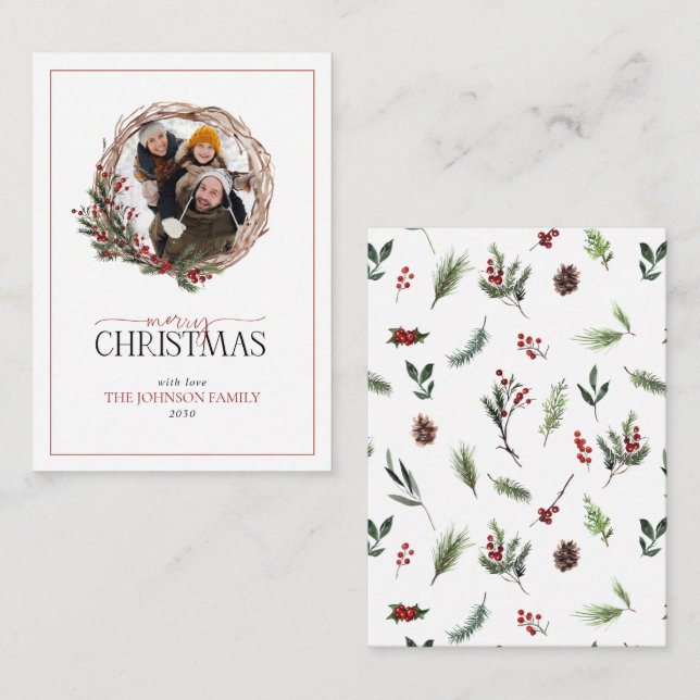 Mini Red Berry Photo Wreath Merry Christmas Note Card (Front/Back)