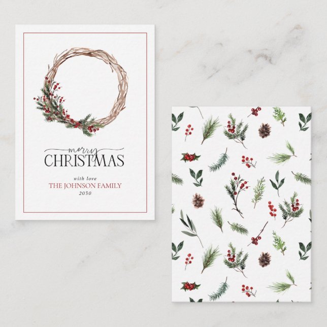 Mini Red Berry Winter Wreath Merry Christmas Note Card (Front/Back)