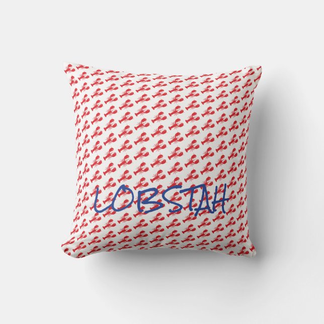 Mini Red Lobsters White Blue Maine LOBSTAH locals Throw Pillow (Front)
