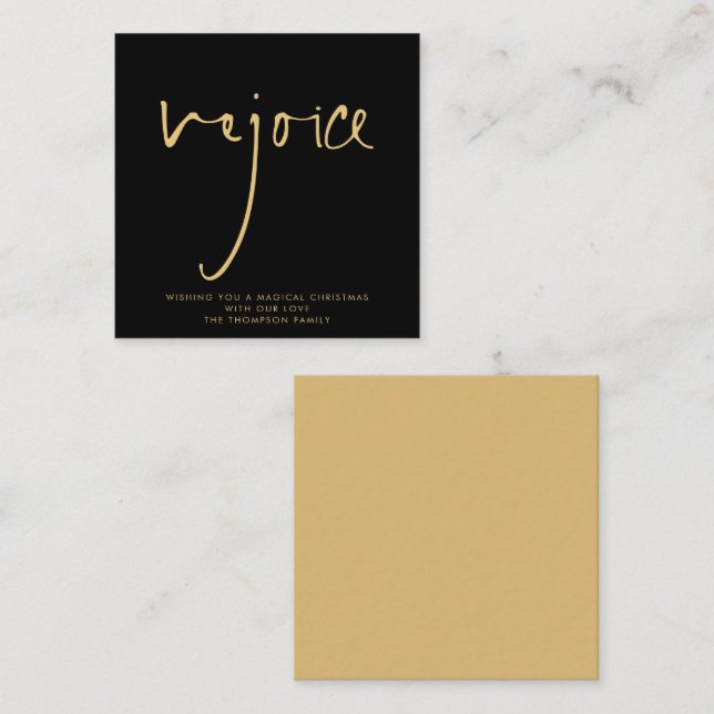 MINI | Rejoice Elegant Script Gold Black Holiday Note Card (Front/Back)