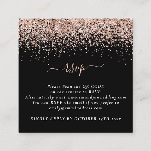 Mini Rose Gold Glitter QR Code Black Wedding RSVP Enclosure Card