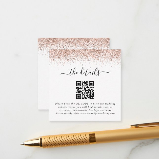 Mini Rose Gold Glitter QR Code Wedding Details  Enclosure Card (Front/Back In Situ)