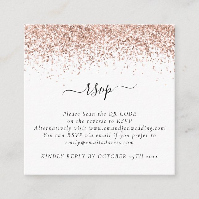 Mini Rose Gold Glitter QR Code Wedding RSVP Enclosure Card (Front)