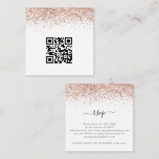 Mini Rose Gold Glitter QR Code Wedding RSVP Enclosure Card | Zazzle