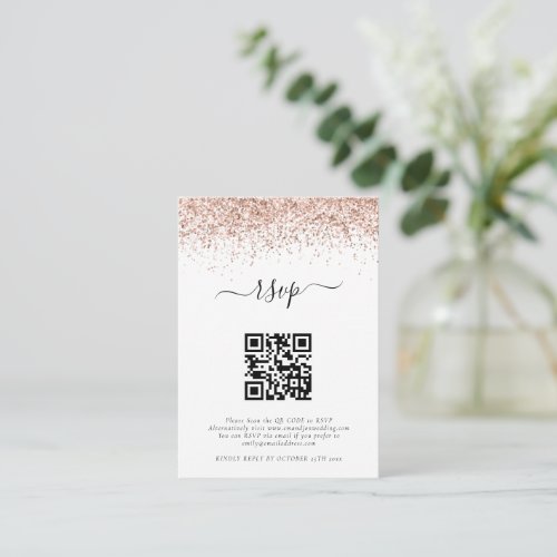 Mini Rose Gold Glitter QR Code Wedding RSVP Enclosure Card