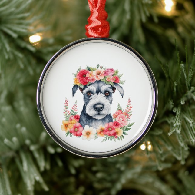 Mini Schnauzer Floral Metal Ornament (Tree)