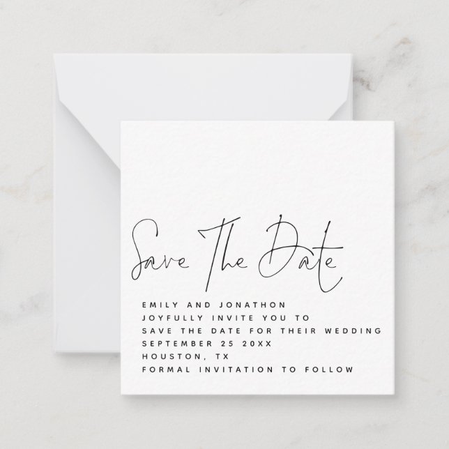 MINI Script Black White Wedding Save the Date Note Card (Front)