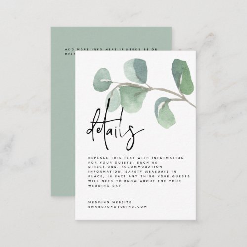 MINI Script Green Eucalyptus Wedding Details Enclosure Card