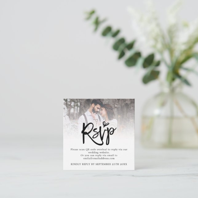 Mini Script QR Code Photo Wedding RSVP Enclosure Card (Standing Front)