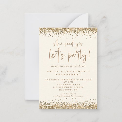MINI She Said Yes Gold Glitter Cream Engagement Note Card