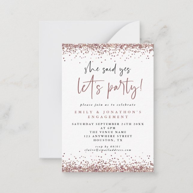 MINI She Said Yes Rose Gold Glitter Engagement  Note Card (Front)