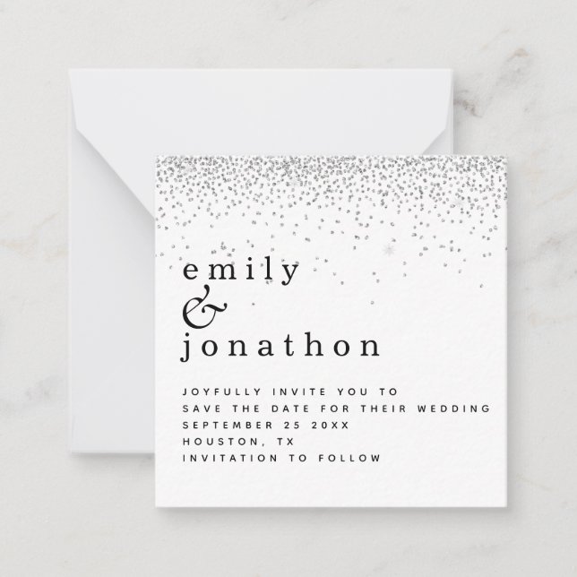 MINI Silver Glitter Minimal Wedding Save the Date Note Card (Front)