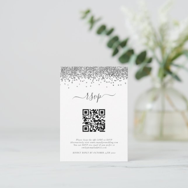 Mini Silver Glitter QR Code Wedding RSVP  Enclosure Card (Standing Front)