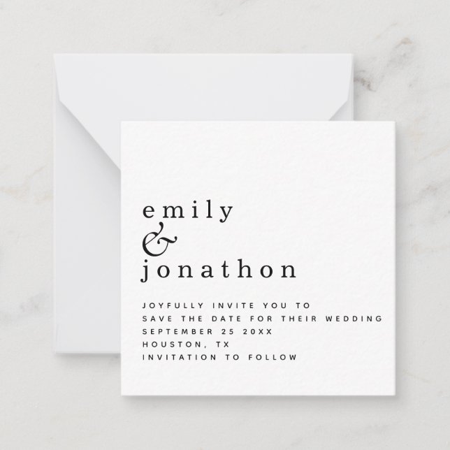 MINI Simple Black White Wedding Save the Date Note Card (Front)