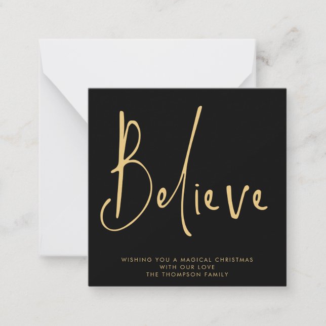 MINI | Simple Script Believe Gold Black Holiday Note Card (Front)
