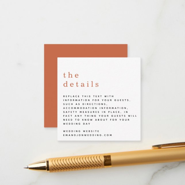 MINI Simple Typography Terracotta Wedding Details Enclosure Card (Front/Back In Situ)