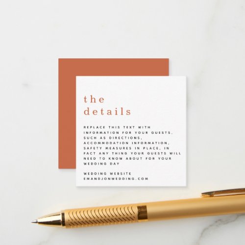 MINI Simple Typography Terracotta Wedding Details Enclosure Card