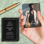 MINI Size 3.5" X 2.5" Photo Graduation Invitations<br><div class="desc">**BUSINESS CARD SIZE!!! NO ENVELOPES - 3.5" x 2.5"** Perfect size for your graduate to hand out to friends and family for a graduation party celebration. Your photo on the front and Graduate in a chic white script and your party information on the back on ANY COLOR background that suits...</div>